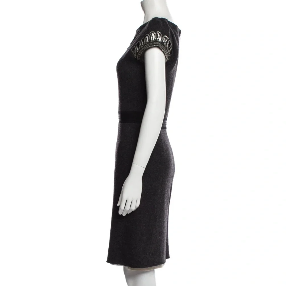 Tory Burch Elegant Dark Grey Wool Dress with Embellished Neckline and Sleeves